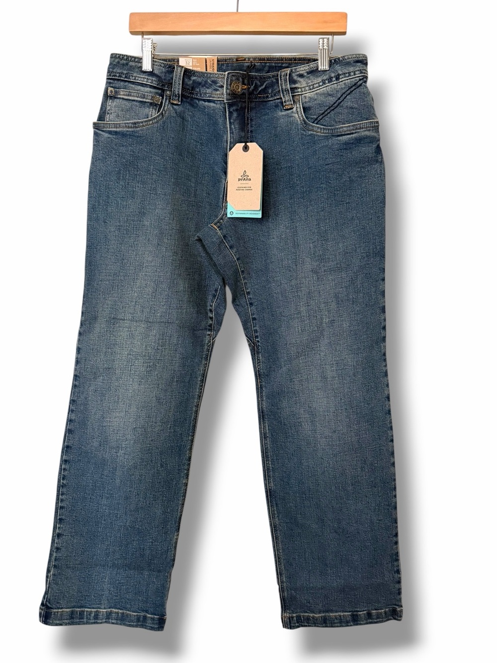 prAna Axiom Jean Mens 32x32 Antique Stone Wash NEW Organic Stretch Denim NEW